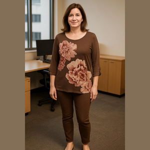 Floral Brown Top with a solid Colorczbroe. Ruched Sleeves. size PXL. NWOT